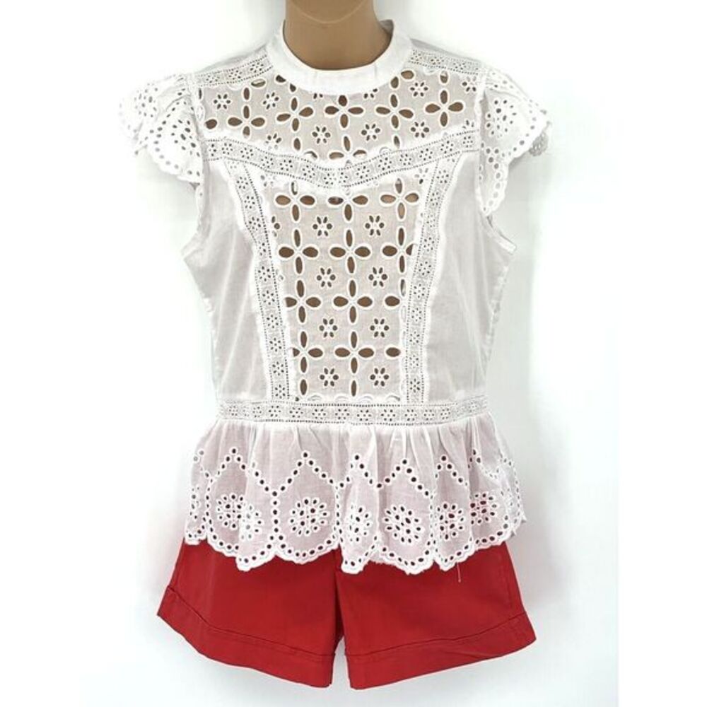 ORCHID HAZE Cotton White Eyelet‎ Ruffle Peplum Women's Blouse Size Medium